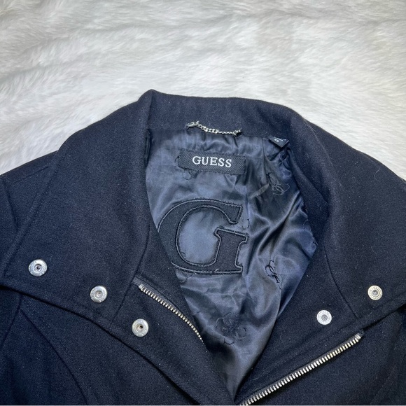 GUESS Black Wool Blend Silver Hardware Logo Printed Lining Jacket Womens sz XS - Picture 2 of 4